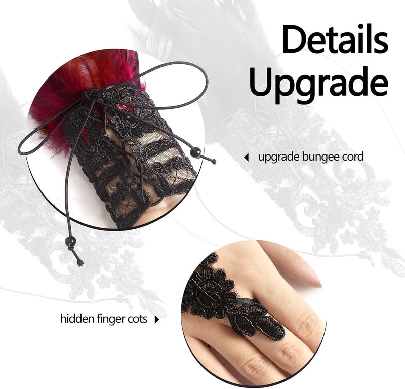 UQJE 2PCS Women's Lace Feather Long Gloves Gothic Mesh Cuff Wedding Halloween Party - Image 2